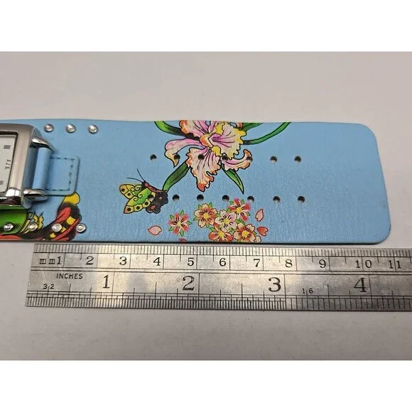 Womens Ed Hardy Swarovski Crystal Geisha Cuff Watch Blue Leather New Battery - Picture 8 of 11